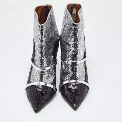 Pre Owned Malone Souliers Silver/Black Sequins Pointed Toe Ankle Booties Size 41