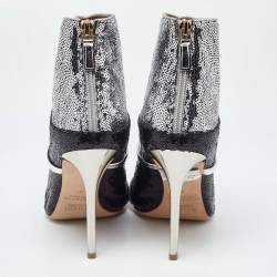 Pre Owned Malone Souliers Silver/Black Sequins Pointed Toe Ankle Booties Size 41