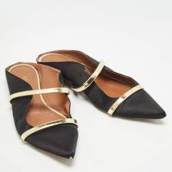 Malone Souliers Black/Gold Satin and Leather Maureen Flat Mules Size 38