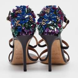 Malone Souliers Black Suede Floral Embellished Ankle Strap Sandals Size 41
