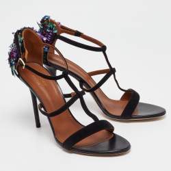 Malone Souliers Black Suede Floral Embellished Ankle Strap Sandals Size 41