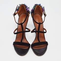Malone Souliers Black Suede Floral Embellished Ankle Strap Sandals Size 41