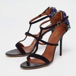 Malone Souliers Black Suede Floral Embellished Ankle Strap Sandals Size 41