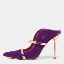 Pre Owned Malone Souliers Purple/Rose Gold Velvet and Leather Maureen Mules Size 38.5