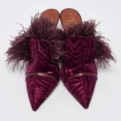 Pre Owned Malone Souliers Burgundy Velvet and Feather Slide Sandals Size 39