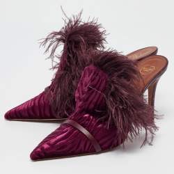 Pre Owned Malone Souliers Burgundy Velvet and Feather Slide Sandals Size 39