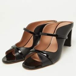 Pre Owned Malone Souliers Black Leather and Patent Leather Maureen Open Toe Block Heel Mules Size 38
