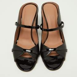 Pre Owned Malone Souliers Black Leather and Patent Leather Maureen Open Toe Block Heel Mules Size 38