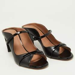 Pre Owned Malone Souliers Black Leather and Patent Leather Maureen Open Toe Block Heel Mules Size 38