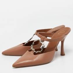 Pre Owned Malone Souliers Light Brown Leather Crystal Embellished Mules Size 39
