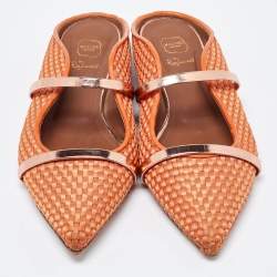 Pre Owned Malone Souliers Orange Woven Satin and Leather Maureen Flat Mules Size 40