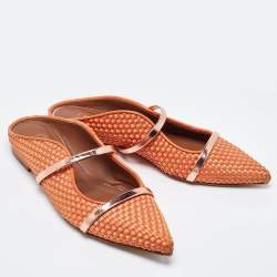 Pre Owned Malone Souliers Orange Woven Satin and Leather Maureen Flat Mules Size 40