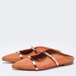 Pre Owned Malone Souliers Orange Woven Satin and Leather Maureen Flat Mules Size 40