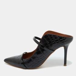 Pre Owned Malone Souliers Black Croc Embossed Leather Maureen Pointed Toe Mules Size 37.5