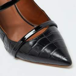 Pre Owned Malone Souliers Black Croc Embossed Leather Maureen Pointed Toe Mules Size 37.5