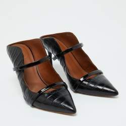 Pre Owned Malone Souliers Black Croc Embossed Leather Maureen Pointed Toe Mules Size 37.5