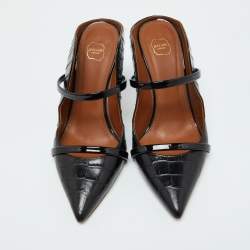 Pre Owned Malone Souliers Black Croc Embossed Leather Maureen Pointed Toe Mules Size 37.5