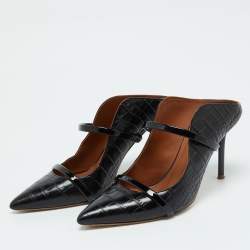 Pre Owned Malone Souliers Black Croc Embossed Leather Maureen Pointed Toe Mules Size 37.5