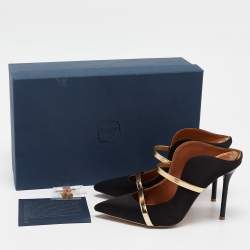 Pre Owned Malone Souliers Black/Gold Satin and Leather Maureen Mules Size 36.5