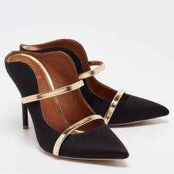 Pre Owned Malone Souliers Black/Gold Satin and Leather Maureen Mules Size 36.5