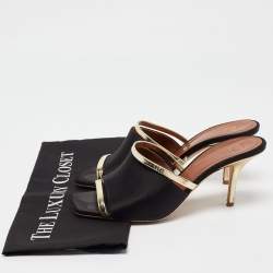 Malone Souliers Black/Gold Satin and Leather Open Toe Slide Sandals Size 38.5