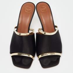 Malone Souliers Black/Gold Satin and Leather Open Toe Slide Sandals Size 38.5