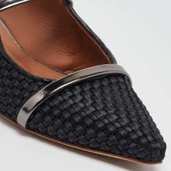 Pre Owned Malone Souliers Black Woven Satin and Leather Maureen Flat Mules Size 38