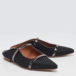 Pre Owned Malone Souliers Black Woven Satin and Leather Maureen Flat Mules Size 38