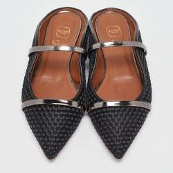 Pre Owned Malone Souliers Black Woven Satin and Leather Maureen Flat Mules Size 38