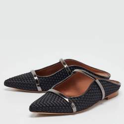 Pre Owned Malone Souliers Black Woven Satin and Leather Maureen Flat Mules Size 38
