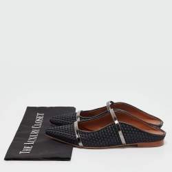 Pre Owned Malone Souliers Black Woven Satin and Leather Maureen Flat Mules Size 38