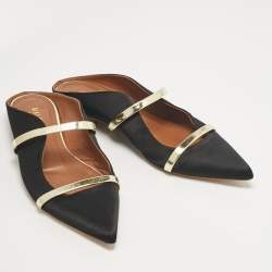 Pre Owned Malone Souliers Black Satin and Leather Maureen Flat Slides Size 37.5