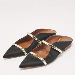 Pre Owned Malone Souliers Black Satin and Leather Maureen Flat Slides Size 37.5