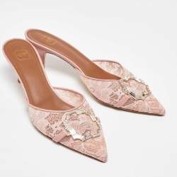 Malone Souliers Pink Lace and Leather Mules Size 37.5