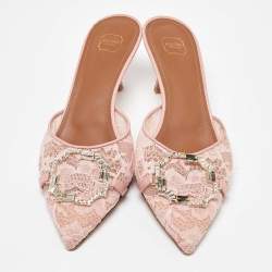 Malone Souliers Pink Lace and Leather Mules Size 37.5