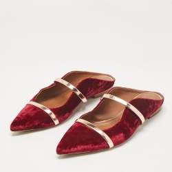 Pre Owned Malone Souliers Burgundy/Rose Gold Velvet Maureen Flat Mules Size 40