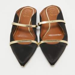 Pre Owned Malone Souliers Black/Gold Satin and Leather Maureen Flat Mules Size 38