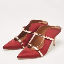 Pre Owned Malone Souliers Burgundy/Gold Satin and Leather Maureen Mules Size 40.5