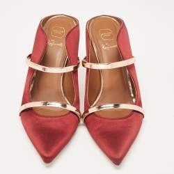 Pre Owned Malone Souliers Burgundy/Gold Satin and Leather Maureen Mules Size 40.5