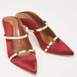 Pre Owned Malone Souliers Burgundy/Gold Satin and Leather Maureen Mules Size 40.5