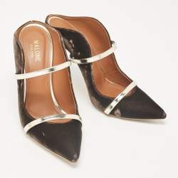 Pre Owned Malone Souliers Brown/Gold Velvet and Leather Maureen Mules Size 39