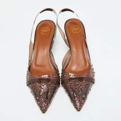 Pre Owned Malone Souliers Brown PVC Crystal Embellished Juliet Slingback Pumps Size 36.5