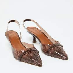 Pre Owned Malone Souliers Brown PVC Crystal Embellished Juliet Slingback Pumps Size 36.5