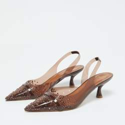 Pre Owned Malone Souliers Brown PVC Crystal Embellished Juliet Slingback Pumps Size 36.5