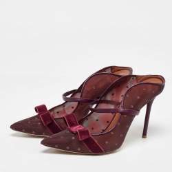 Pre Owned Malone Souliers Burgundy Mesh and Velvet Bow Margueritee Mules Size 40.5