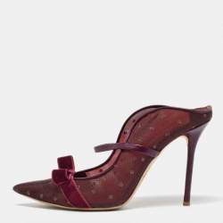 Pre Owned Malone Souliers Burgundy Mesh and Velvet Bow Margueritee Mules Size 40.5