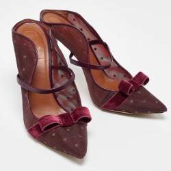Pre Owned Malone Souliers Burgundy Mesh and Velvet Bow Margueritee Mules Size 40.5