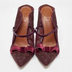 Pre Owned Malone Souliers Burgundy Mesh and Velvet Bow Margueritee Mules Size 40.5