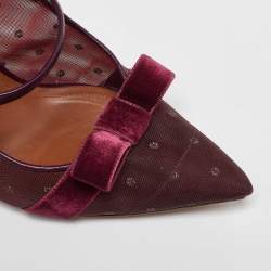 Pre Owned Malone Souliers Burgundy Mesh and Velvet Bow Margueritee Mules Size 40.5