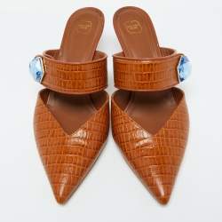 Malone Souliers Brown Croc Embossed Leather Lola Mules Size 41